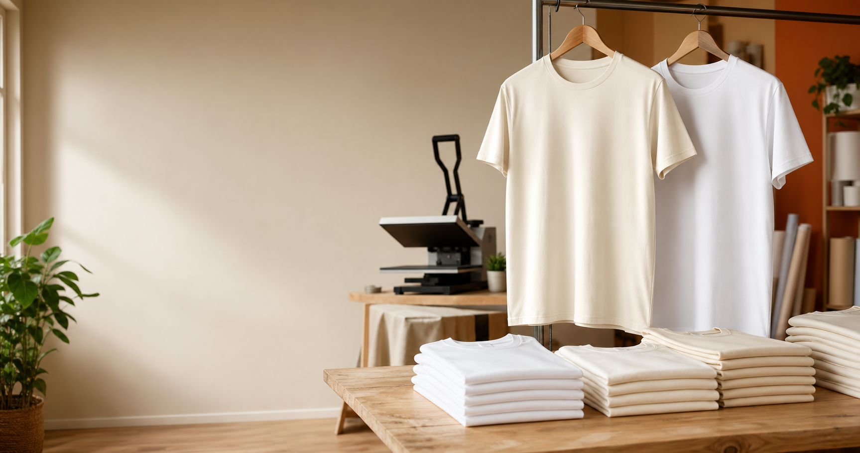 Camisas lisas organizadas e prontas para personalização