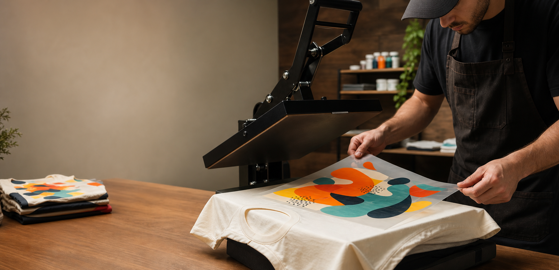 Profissional aplicando uma estampa DTF colorida em camiseta